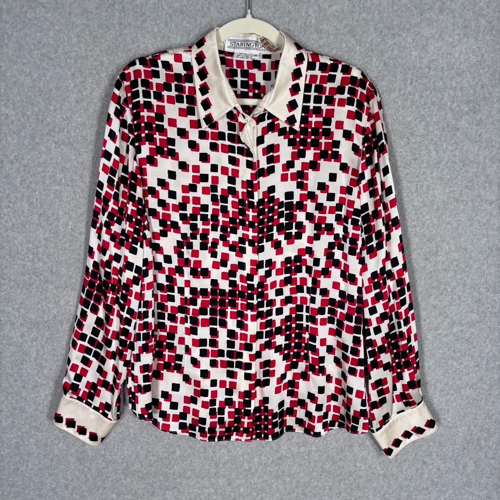 Vintage Starington 100%‎ Silk Button Up Blouse Shirt 14 Red Black Mod Abstract